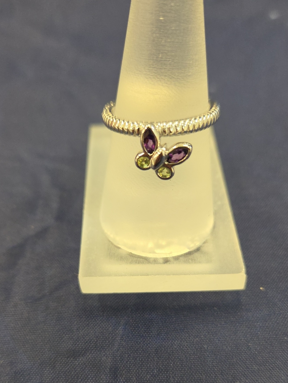 Sterling Silver Butterfly Ring with Purple and Green Stones